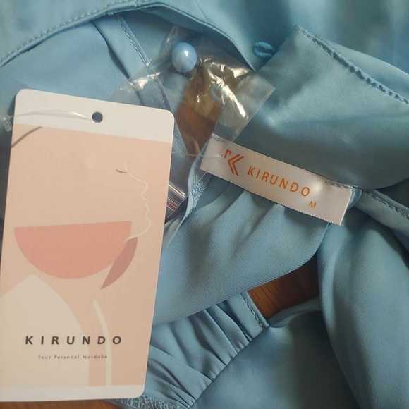 NWT Kirundo Sky Blue Satin Silk Crop Halter Sleeveless Tie Blouse Top Shirt M - Picture 9 of 11